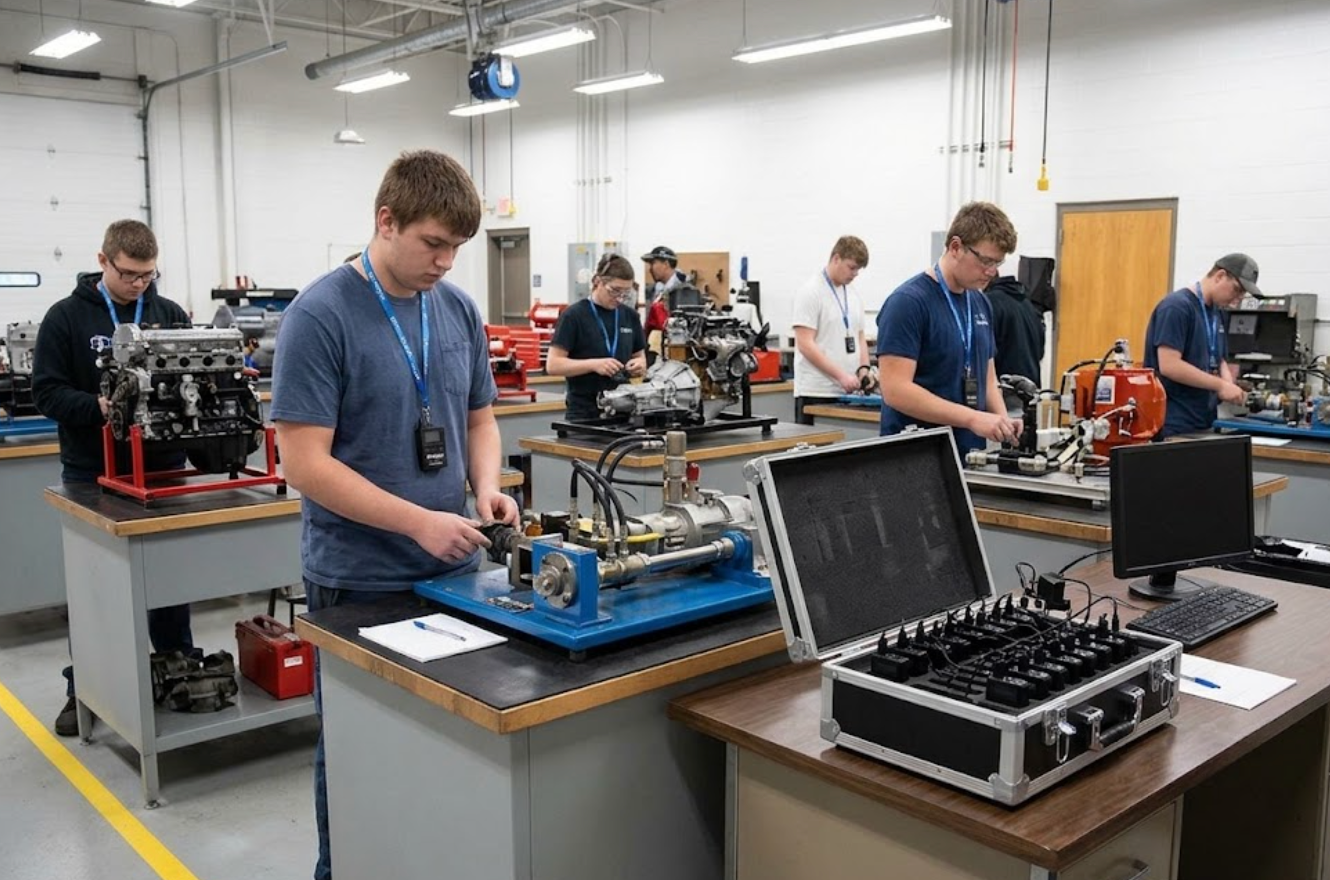 rc2500-vocational_training_cross_brand_compare-instructor-demo-bench Instructor wearing the RC2500 transmitter demonstrates at a vocational training workbench while students listen on receivers