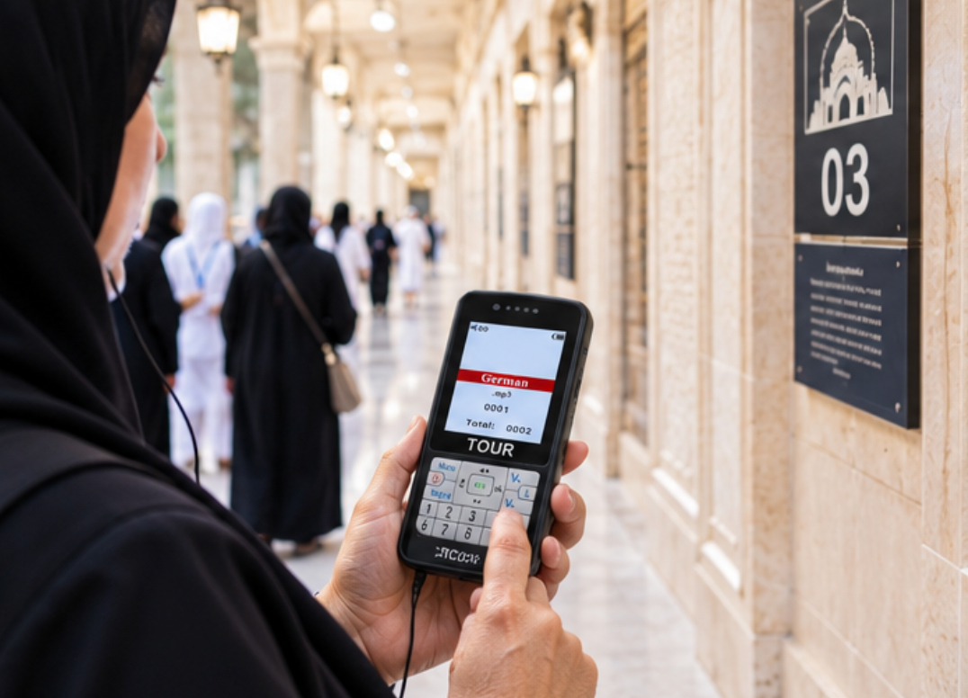 sg28-hajj_umrah_audio_guide_kits-selfguided-wing Pilgrim keying an exhibit number on a handheld audio guide player beside a numbered wall plate
