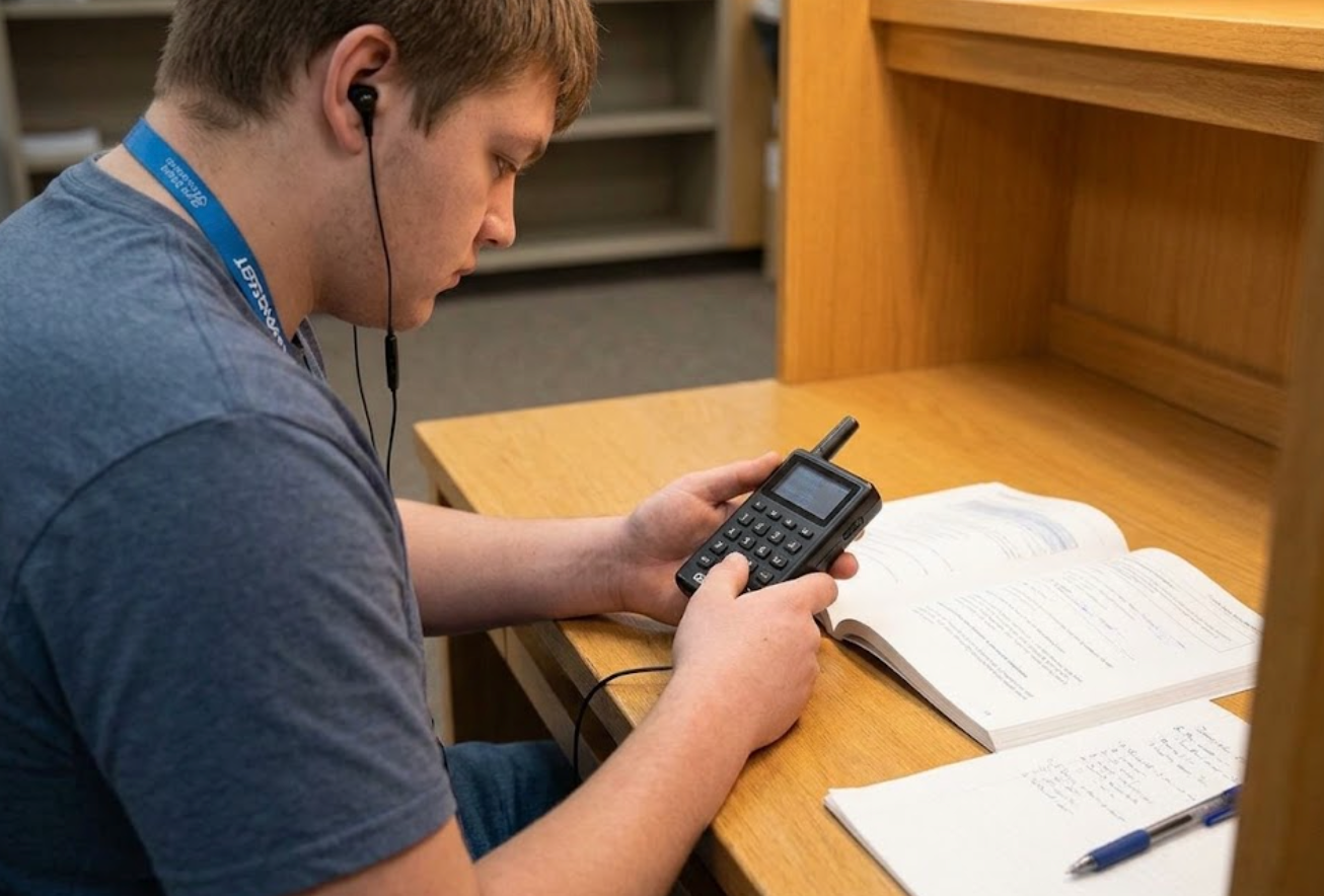 sg28-vocational_training_cross_brand_compare-selfpaced-revision-desk Student using the SG28 keypad audio player with earphones for self-study revision at a library desk