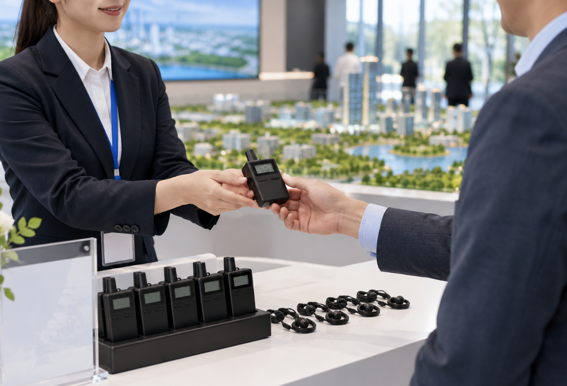 Reception desk handing an RC2402 receiver to a delegate with the charging dock and earpieces laid out before the standard route Reception desk handing an RC2402 receiver to a delegate with the charging dock and earpieces laid out before the standard route
